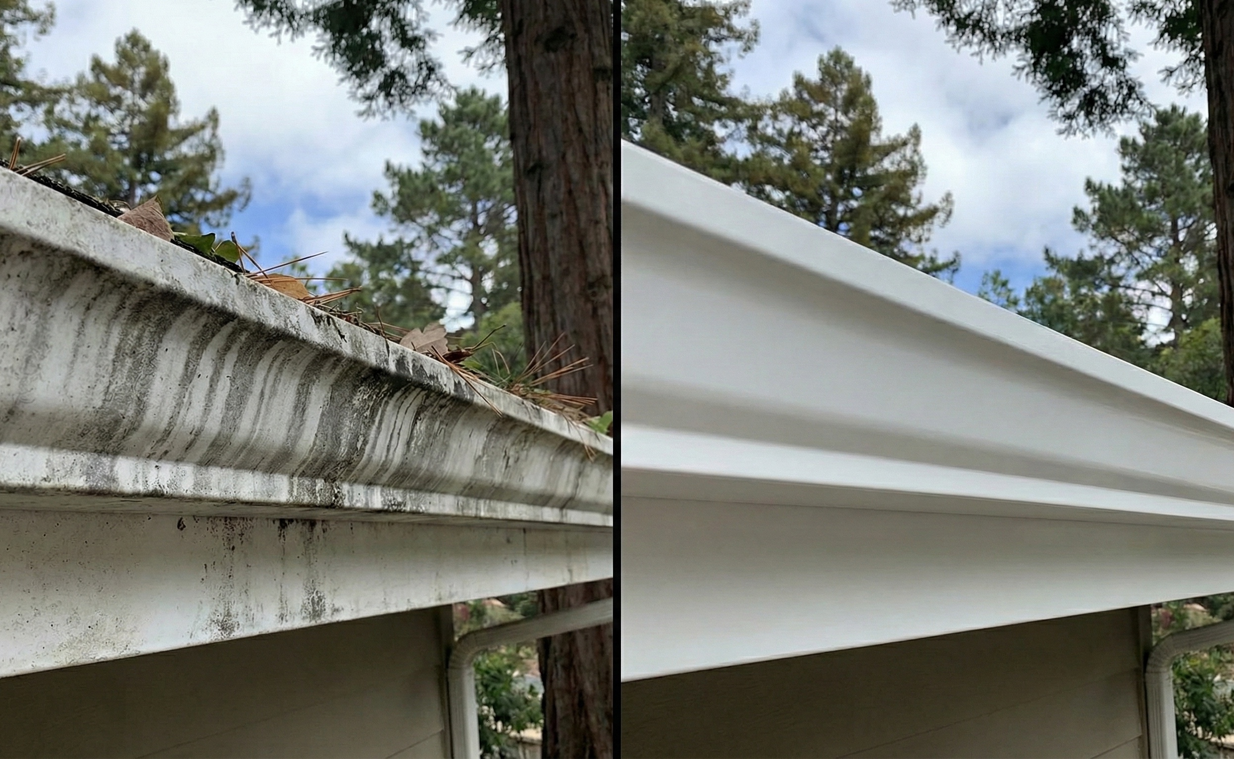 Gutter brightening service - before and after exterior gutter cleaning